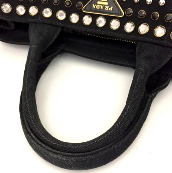 PRADA LOGI PLATE BLACK CANAPA BUJOU HAND BAG W/SHOULDER STRAP/1A3894 - Picture 4 of 14